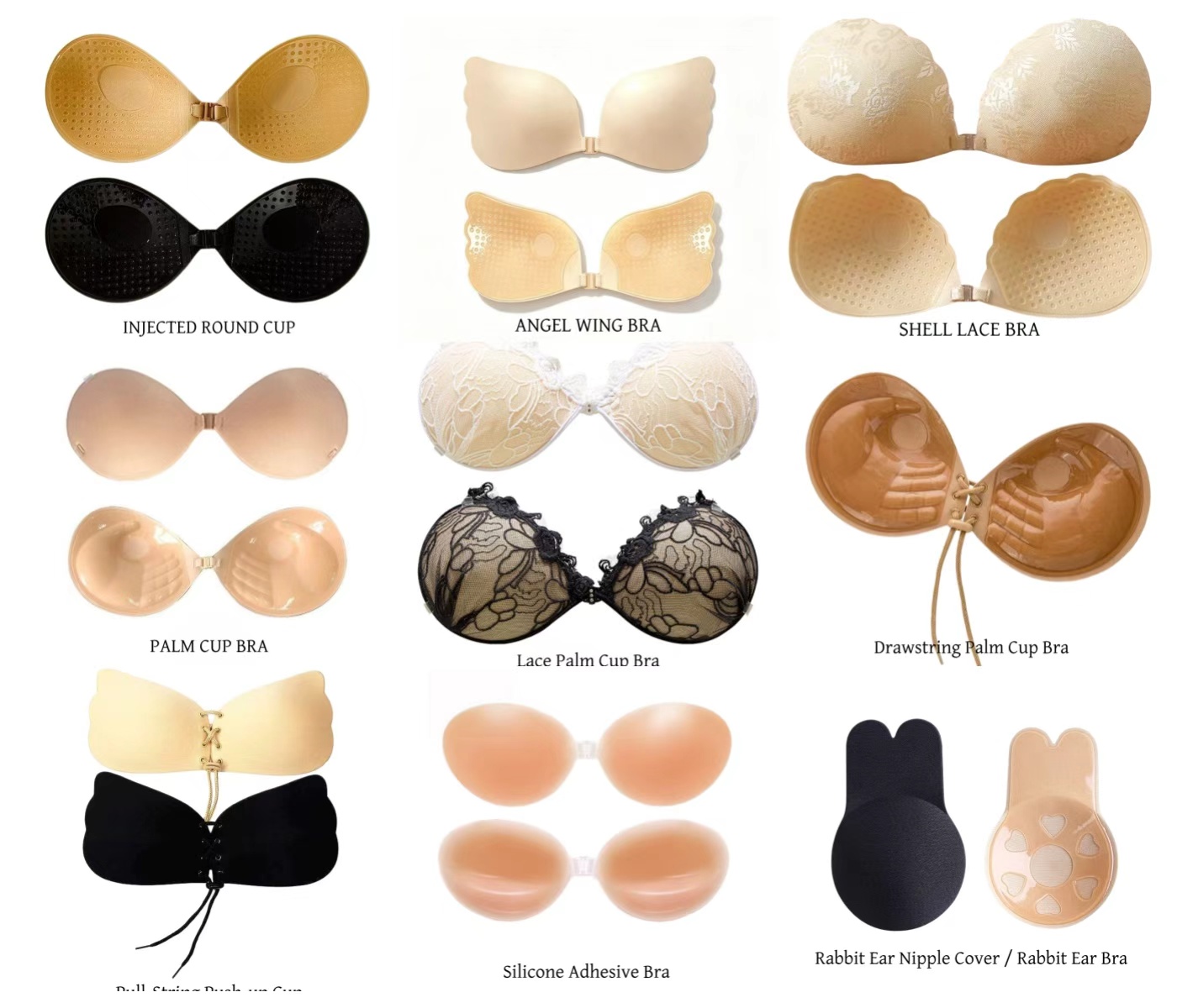 Multiple Lihua adhesive bra, lace cup, palm cup and nipple cover products