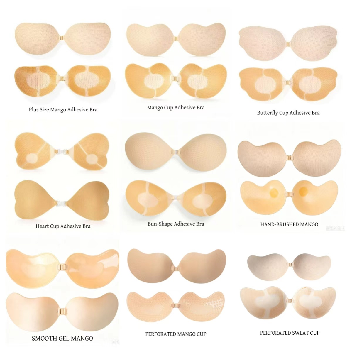 Multiple Lihua mango cup adhesive bra shapes and adhesive structures
