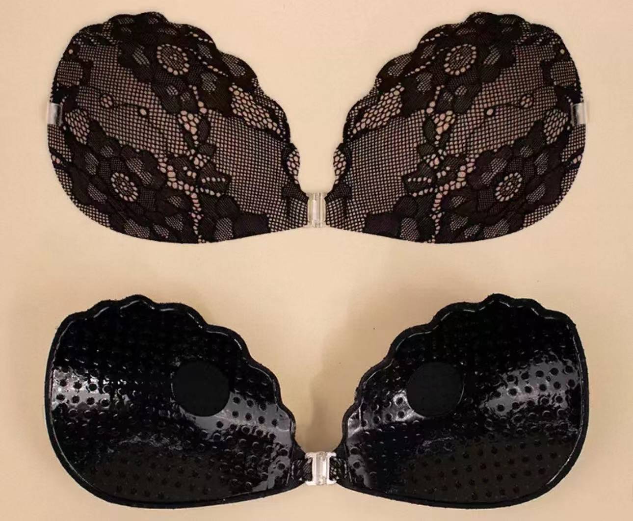 Black sheer floral Shell Lace Cup front and bio-adhesive views
